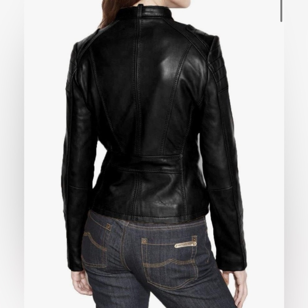 Michael Kors Bomber Biker Motorcycle Genuine Leather Jacket Quilted Trim Size PL - Picture 3 of 16